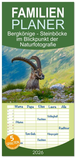 Familienplaner 2026 - Bergkönige - Steinböcke im Blickpunkt der Naturfotografie mit 5 Spalten (Wandkalender, 21 x 45 cm) CALVENDO - Renaldo Caumont