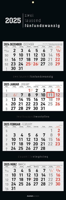 4-Monatskalender Black 2025 - Büro-Kalender 33x20 cm (geschlossen), 33x100 (geöffnet) - faltbar - mit Datumsschieber - Alpha Edition - 