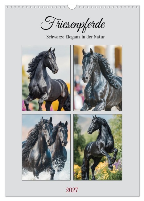 Friesenpferde. Schwarze Eleganz in der Natur (Wandkalender 2027 DIN A3 hoch), CALVENDO Monatskalender - Rose Hurley