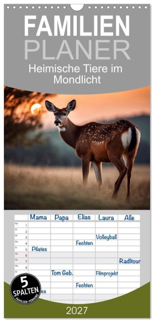 Familienplaner 2027 - Heimische Tiere im Mondlicht mit 5 Spalten (Wandkalender, 21 x 45 cm) CALVENDO - Claudia Kleemann