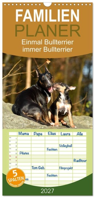 Familienplaner 2027 - Einmal Bullterrier - immer Bullterrier mit 5 Spalten (Wandkalender, 21 x 45 cm) CALVENDO - Yvonne Janetzek