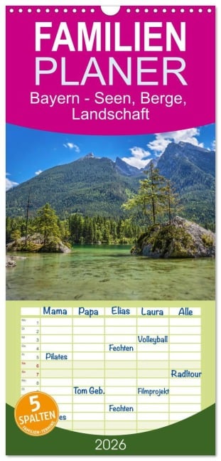 Familienplaner 2026 - Bayern - Seen, Berge, Landschaft mit 5 Spalten (Wandkalender, 21 x 45 cm) CALVENDO - Uwe Herzog