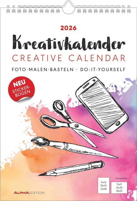 Kreativ-Kalender A4 weiß 2026 - 21 x 29,7 -  Foto, Malen, Basteln - datiert - Kreativkalender - Foto-Kalender - Alpha Edition - 