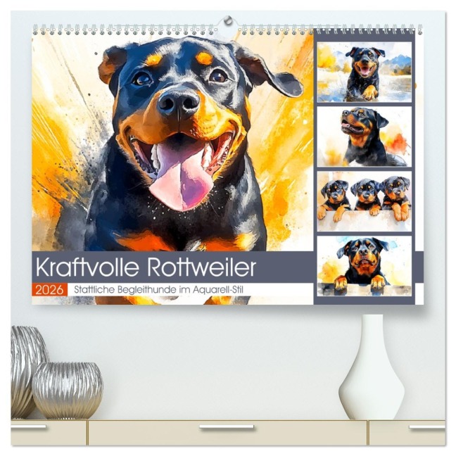Kraftvolle Rottweiler. Stattliche Begleithunde im Aquarell-Stil (hochwertiger Premium Wandkalender 2026 DIN A2 quer), Kunstdruck in Hochglanz - Rose Hurley