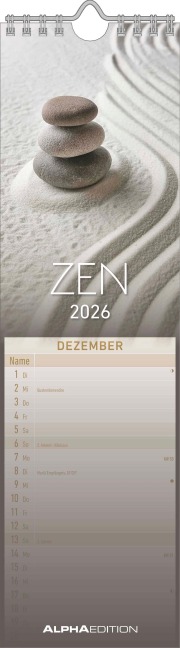 Streifenplaner Mini Zen 2026 - Streifen-Kalender 9,5x33 cm - Harmonie und Achtsamkeit - Wandplaner - Küchenkalender - Alpha Edition - 