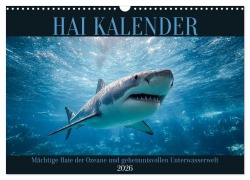 Cover-Bild zum Titel 'Hai Kalender - Mächtige Haie der Ozeane und geheimnisvollen Unterwasserwelt (Wandkalender 2026 DIN A3 quer), CALVENDO Monatskalender' von 'Mb Fotografie'