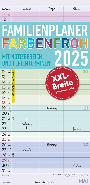 Familienplaner Farbenfroh 2025 - Familien-Timer 22x45 cm - mit Ferienterminen - 3 Spalten - Wand-Planer - mit vielen Zusatzinformationen - Alpha Edition - 