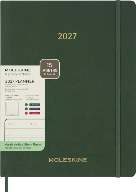 Moleskine 15 Monate Essential Wochenkalender 2026/2027, 1 Wo = 2 Seiten, vertikal, XXL, weicher Einband, Myrtengrün - Moleskine