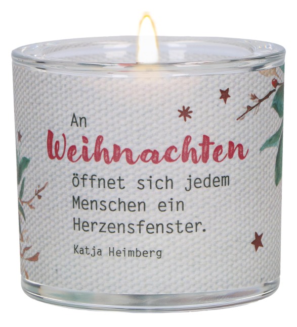 Butzon & Bercker Glaswindlicht Weihnachten Ø 6,5 cm - mundgeblasen mit farbig bedrucktem Pergamentumleger, Lieferung in grüner Geschenkverpackung mit weißem Teelicht - 