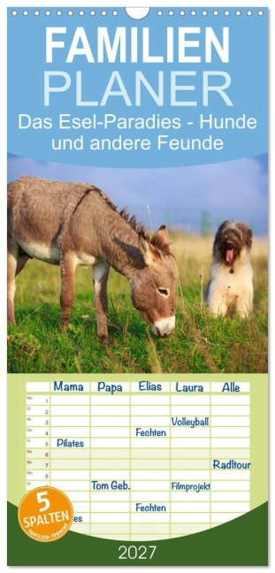 Familienplaner 2027 - Das Esel-Paradies - Hunde und andere Feunde mit 5 Spalten (Wandkalender, 21 x 45 cm) CALVENDO - Elisabeth Stanzer