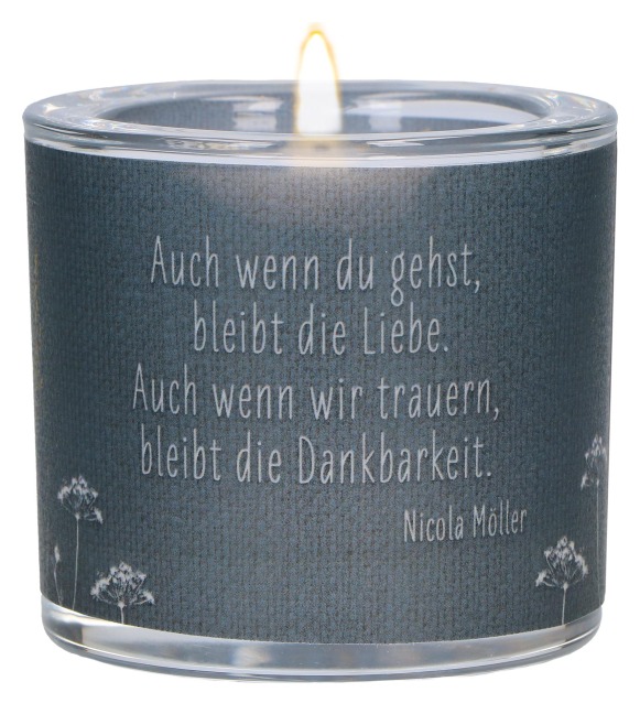 Butzon & Bercker Glaswindlicht zur Trauer Ø 6,5 cm - mundgeblasenes Windlicht mit farbig bedrucktem Pergamentumleger, Lieferung in grüner Geschenkverpackung mit weißem Teelicht - 