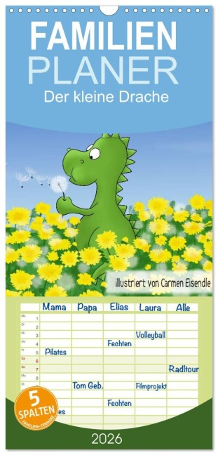 Familienplaner 2026 - Der kleine Drache mit 5 Spalten (Wandkalender, 21 x 45 cm) CALVENDO - Katelein Katelein