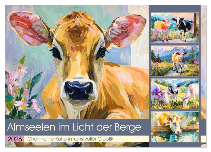 Almseelen im Licht der Berge. Charmante Kühe in kunstvoller Öloptik (Wandkalender 2026 DIN A2 quer), CALVENDO Monatskalender - Rose Hurley