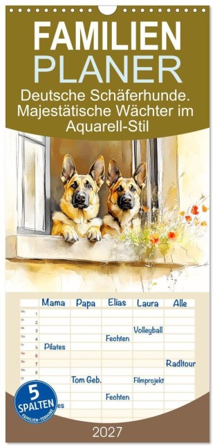 Familienplaner 2027 - Deutsche Schäferhunde. Majestätische Wächter im Aquarell-Stil mit 5 Spalten (Wandkalender, 21 x 45 cm) CALVENDO - Rose Hurley