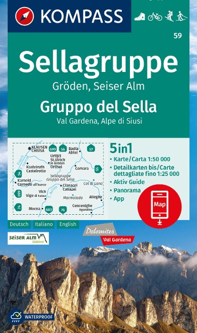 KOMPASS Wanderkarte 59 Sellagruppe, Gröden, Seiseralm / Gruppo del Sella, Val Gardena, Alpe di Siusi 1:50.000 - 