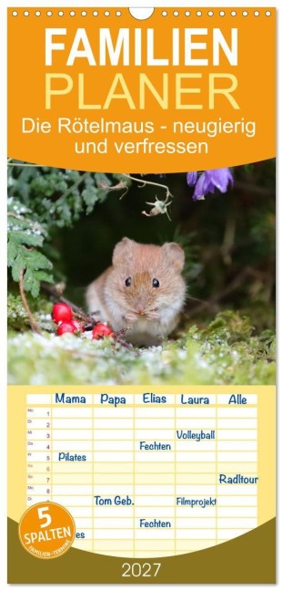 Familienplaner 2027 - Die Rötelmaus - neugierig und verfressen mit 5 Spalten (Wandkalender, 21 x 45 cm) CALVENDO - Angela Merk