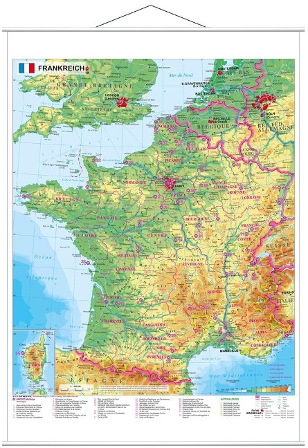 Frankreich physisch 1 : 1.500 000. Wandkarte mit Metallbeleistung - Heinrich Stiefel