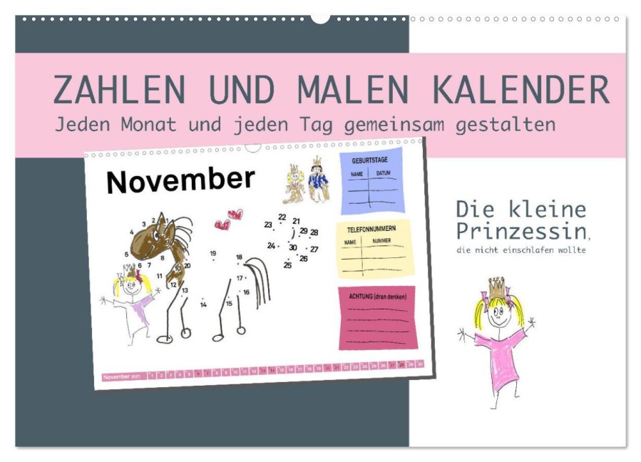 Zahlen und Malen Kalender mit der kleinen Prinzessin (Wandkalender 2025 DIN A2 quer), CALVENDO Monatskalender - Steckandose Dmr