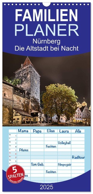 Familienplaner 2025 - Nürnberg - Die Altstadt bei Nacht mit 5 Spalten (Wandkalender, 21 x 45 cm) CALVENDO - Andreas Bininda