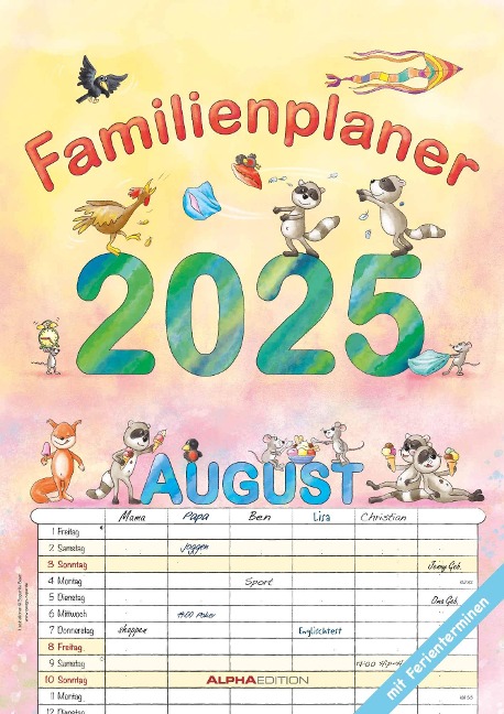 Familienplaner Cartoon 2025 - Familienkalender A3 (29,7x42 cm) - mit 6 Spalten, Ferienterminen (DE/AT/CH) und viel Platz für Notizen - Wandkalender - 