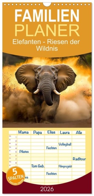 Familienplaner 2026 - Elefanten - Riesen der Wildnis mit 5 Spalten (Wandkalender, 21 x 45 cm) CALVENDO - Peter Roder