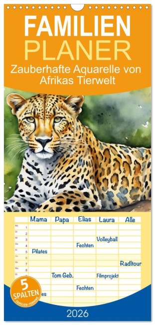 Familienplaner 2026 - Zauberhafte Aquarelle von Afrikas Tierwelt mit 5 Spalten (Wandkalender, 21 x 45 cm) CALVENDO - Claudia Kleemann