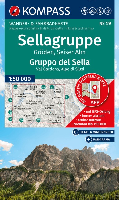KOMPASS Wanderkarte 59 Sellagruppe, Gröden, Seiser Alm / Gruppo del Sella, Val Gardena, Alpe di Siusi 1:50.000 - 