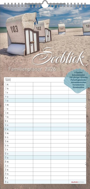 Familienplaner Seeblick 2026 - Familien-Timer 22x45 cm - mit Ferienterminen - 4 Spalten - Wand-Planer - mit vielen Zusatzinformationen - Alpha Edition - 