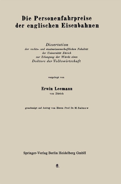 Die Personenfahrpreise der englischen Eisenbahnen - Erich Leemann