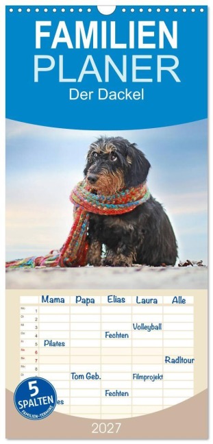 Familienplaner 2027 - Der Dackel mit 5 Spalten (Wandkalender, 21 x 45 cm) CALVENDO - Anja Foto Grafia Fotografie