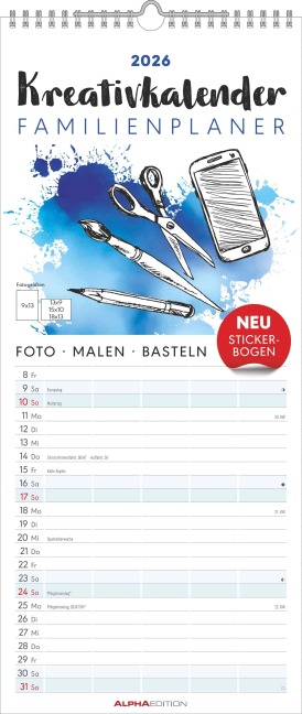 Kreativ-Kalender Familienplaner 2026 - 5 Spalten - 19,5x45 cmFoto, Malen, Basteln - datiert - Kreativkalender - Foto-Kalender - Familienkalender - Wandkalender - Alpha Edition - 