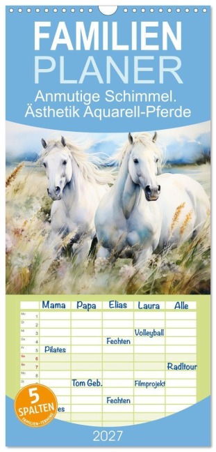 Familienplaner 2027 - Anmutige Schimmel. Ästhetik Aquarell-Pferde mit 5 Spalten (Wandkalender, 21 x 45 cm) CALVENDO - Rose Hurley
