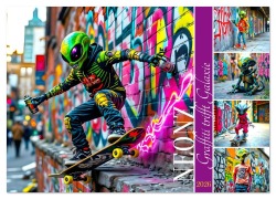 Cover-Bild zum Titel 'NEONZ - Graffiti trifft Galaxie (Wandkalender 2026 DIN A2 quer), CALVENDO Monatskalender' von 'Claudia Schimmack'