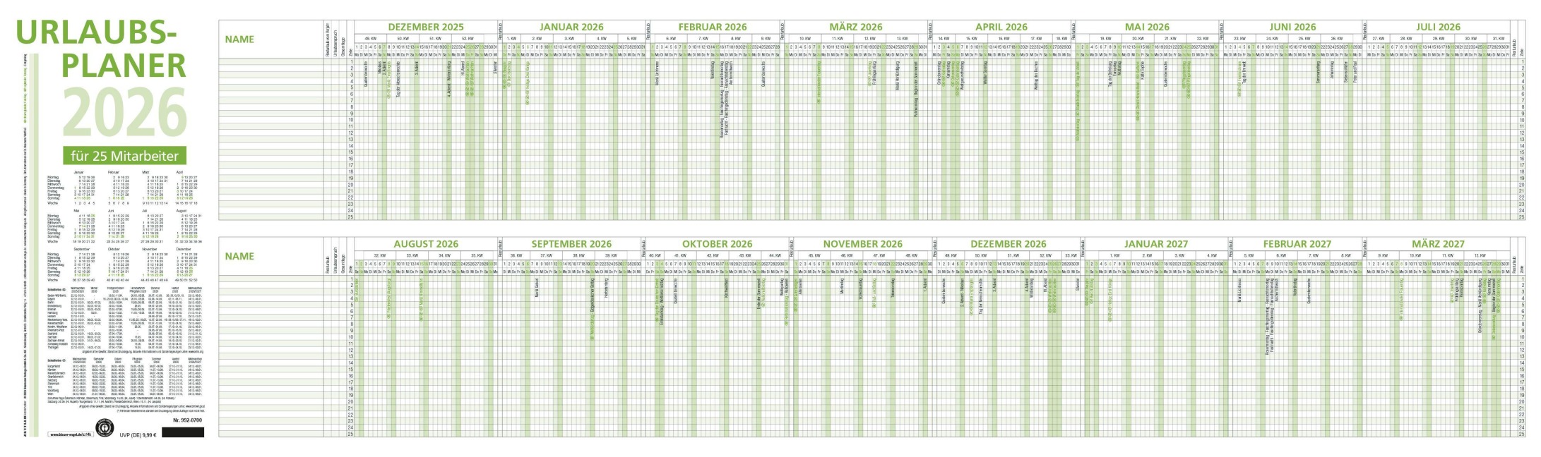 Urlaubsplaner 2026 - 100x29,7 cm - 16 Monate - für bis zu 25 Personen - aus Recyclingpapier - Blauer Engel - Wandplaner - 992-0700 - 