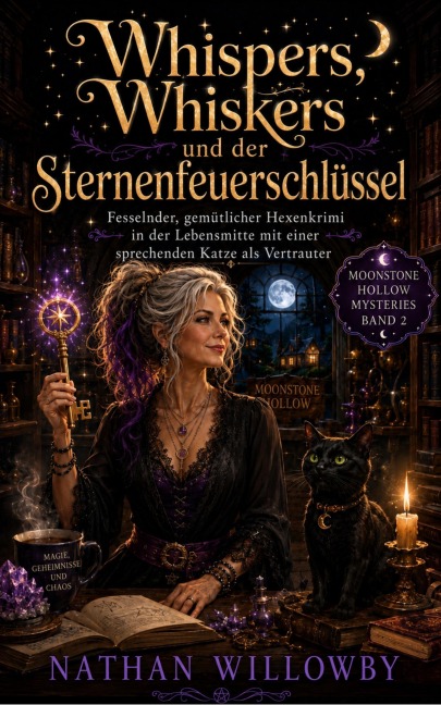 Whispers, Whiskers und der Sternenfeuerschlüssel: Fesselnder, gemütlicher Hexenkrimi in der Lebensmitte mit einer sprechenden Katze als Vertrauter (Moonstone Hollow Mysteries, Band 2) - Nathan Willowby