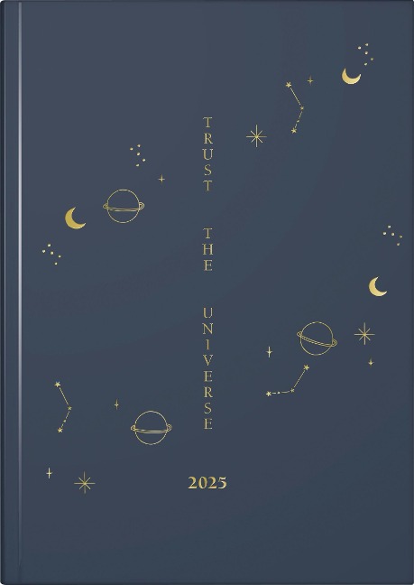 rido/idé 7021507025 Buchkalender Young Line (2025) "Universe"| 2 Seiten = 1 Woche| A5| 160 Seiten| Grafik-Einband| dunkelblau - 