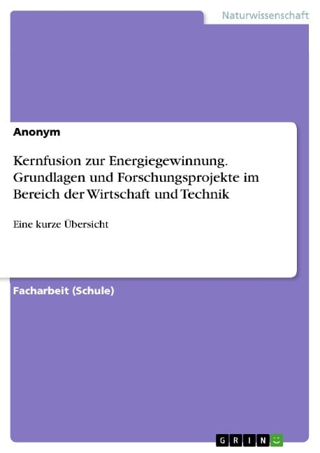 Kernfusion zur Energiegewinnung. Grundlagen und Forschungsprojekte im Bereich der Wirtschaft und Technik - 