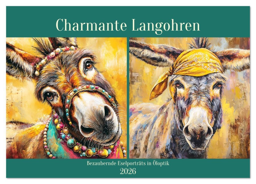 Charmante Langohren. Bezaubernde Eselporträts in Öloptik (Wandkalender 2026 DIN A2 quer), CALVENDO Monatskalender - Rose Hurley