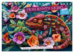 Cover-Bild zum Titel 'Perlenstickerei - Stickkunst tropischer Tiere mit Garn und Perlen (Tischkalender 2026 DIN A5 quer), CALVENDO Monatskalender' von 'Anja Frost'