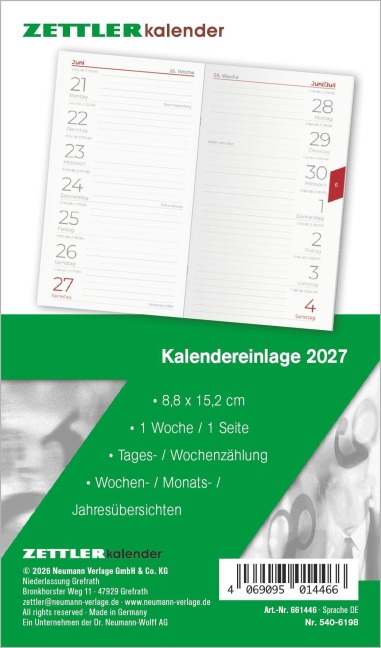 Kalenderersatzeinlage TP 1W/1S 2027 - 