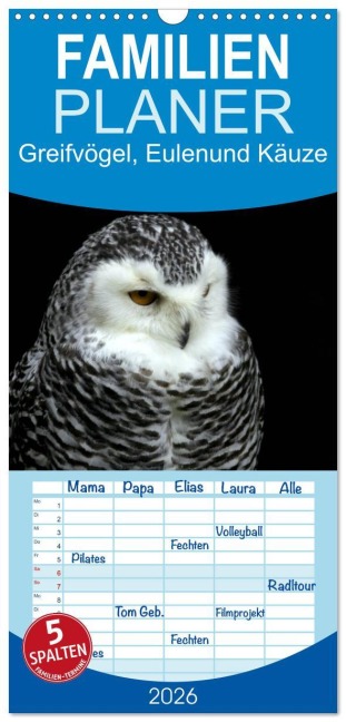 Familienplaner 2026 - Greifvögel, Eulen und Käuze mit 5 Spalten (Wandkalender, 21 x 45 cm) CALVENDO - Arno Klatt