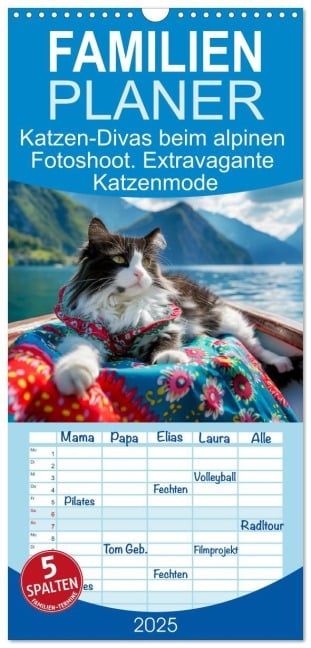 Familienplaner 2025 - Katzen-Divas beim alpinen Fotoshoot. Extravagante Katzenmode mit 5 Spalten (Wandkalender, 21 x 45 cm) CALVENDO - Rose Hurley