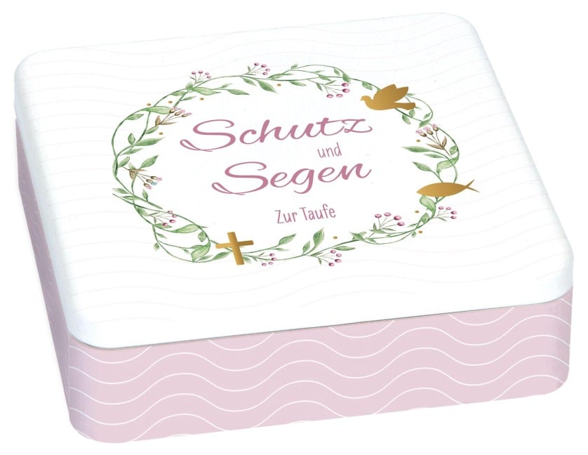 Geschenkset zur Taufe mit zauberhaft bedruckter Metalldose, wattiertem Geschenkbuch, Porzellan-Relief mit Band & Glasfläschchen für Taufwasser - Irmgard Erath