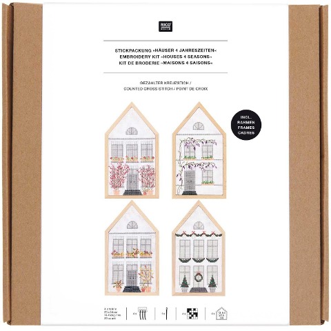 Stickpackung Gezählter Kreuzstich, Häuser 4 Jahreszeiten, medium, inkl. 4 x Dekostickrahmen Haus M - 