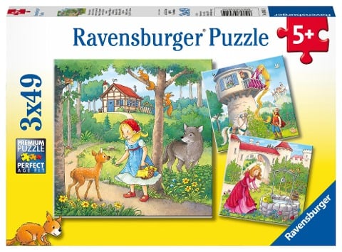 Ravensburger Kinderpuzzle - 08051 Rapunzel, Rotkäppchen & der Froschkönig - Puzzle für Kinder ab 5 Jahren, mit 3x49 Teilen - 