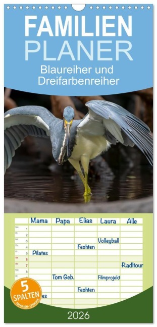 Familienplaner 2026 - Blaureiher und Dreifarbenreiher mit 5 Spalten (Wandkalender, 21 x 45 cm) CALVENDO - Iris Editha Schacht