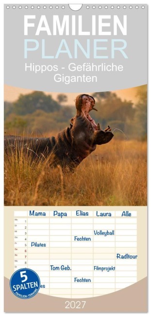 Familienplaner 2027 - Hippos - Gefährliche Giganten mit 5 Spalten (Wandkalender, 21 x 45 cm) CALVENDO - Michael Voß