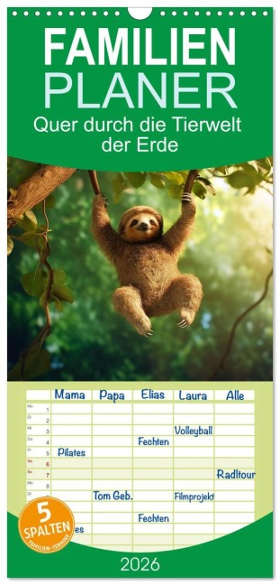Familienplaner 2026 - Quer durch die Tierwelt der Erde mit 5 Spalten (Wandkalender, 21 x 45 cm) CALVENDO - Kerstin Waurick