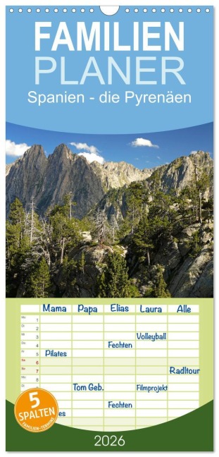 Familienplaner 2026 - Spanien - die Pyrenäen mit 5 Spalten (Wandkalender, 21 x 45 cm) CALVENDO - Peter Schickert