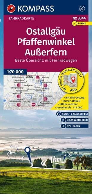 KOMPASS Fahrradkarte 3344 Ostallgäu, Pfaffenwinkel, Außerfern 1:70.000 - 